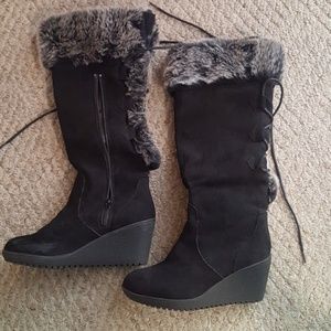 Black Suede Knee Wedge Boots